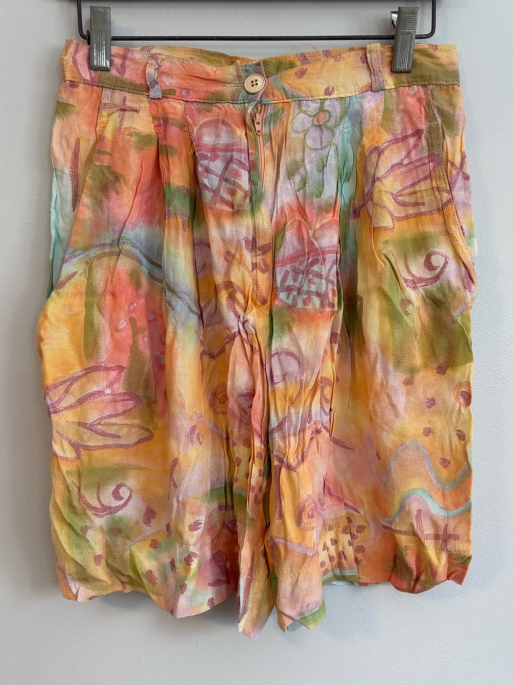 Vintage Abstract Pastel Tie Dye Button Loose Lightweight Mom Shorts Size 38